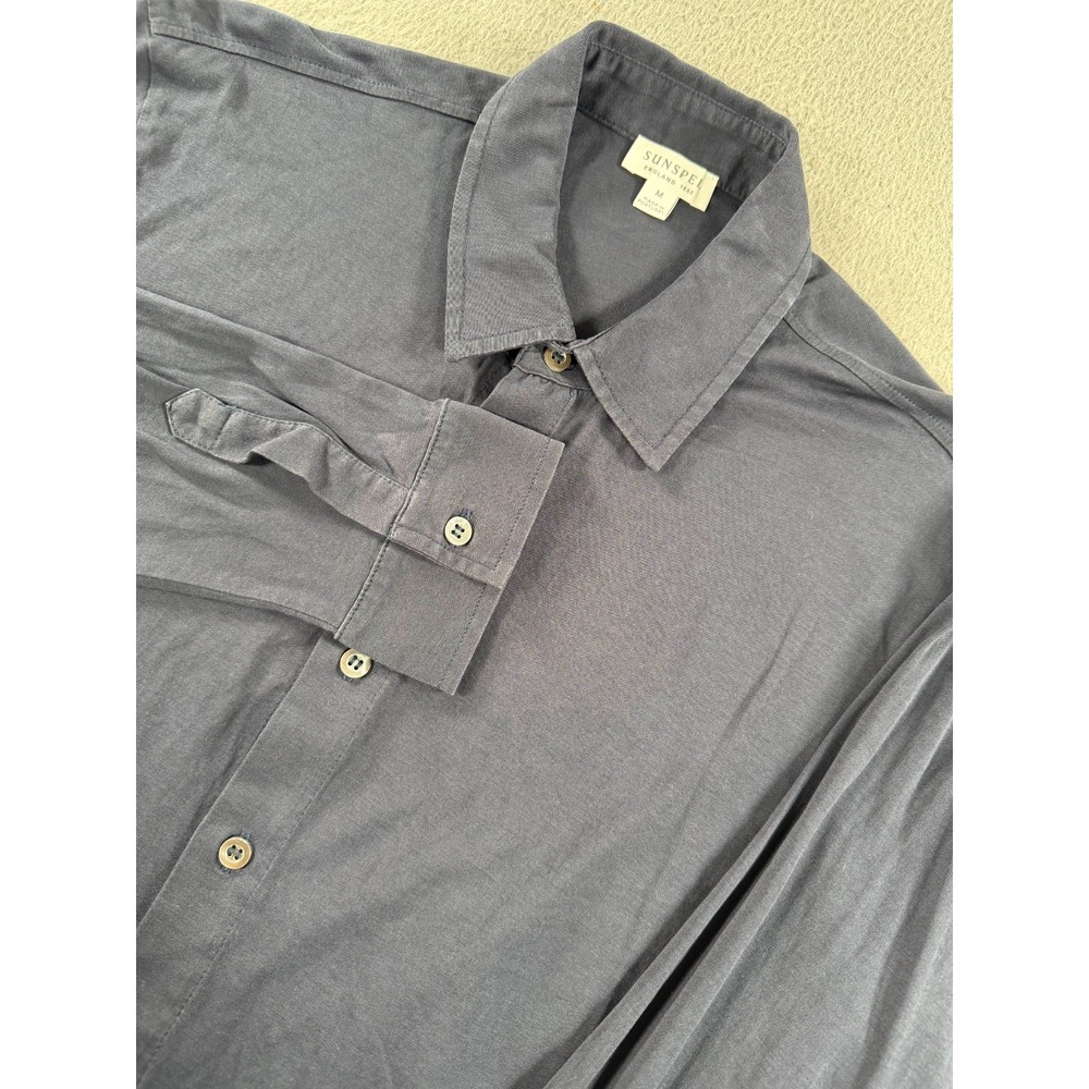 Sunspel England Shirt Mens Medium Navy Blue Solid Long Sleeve Collared Button Up